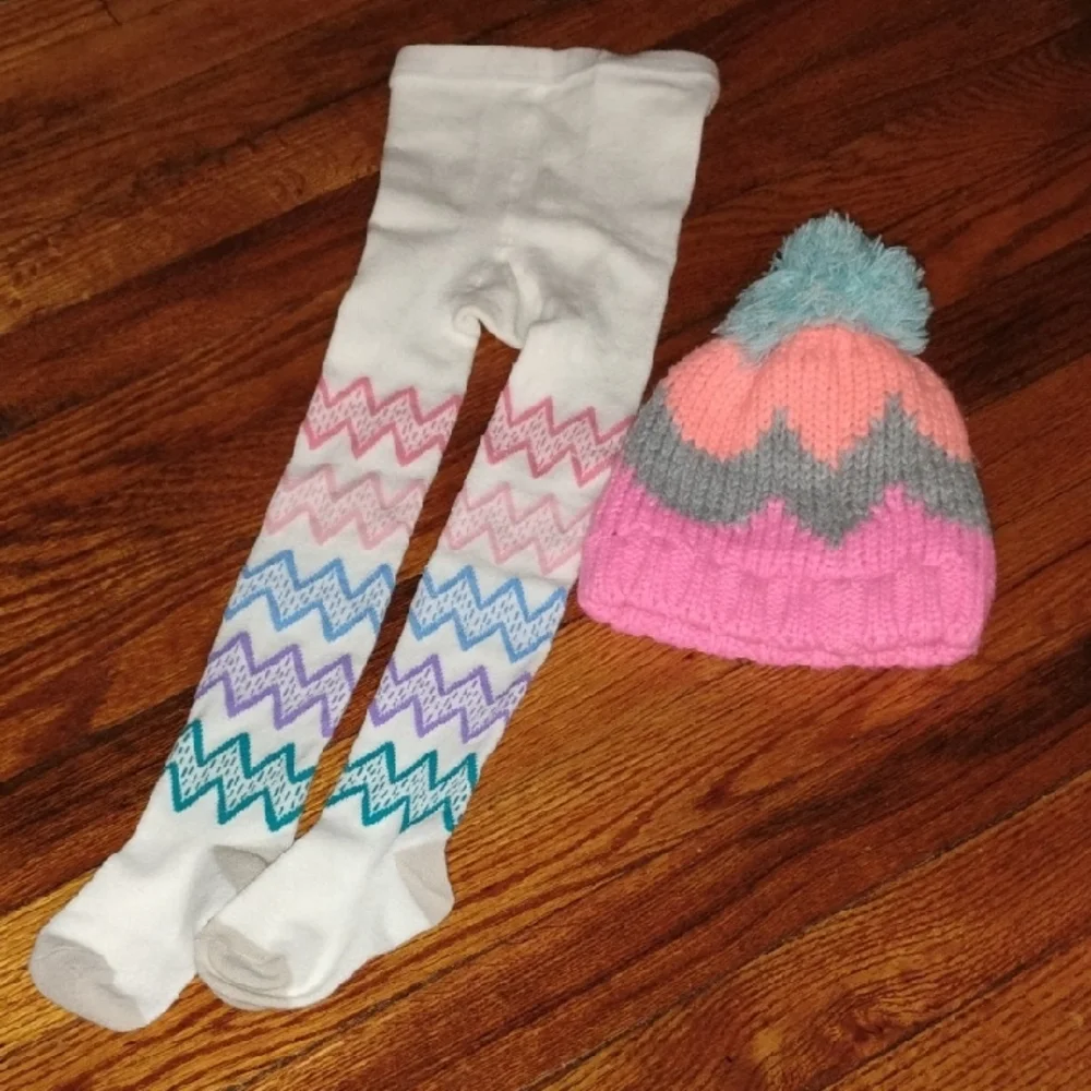 Colorful Zigzag Kids Tights and Pom-Pom Beanie Set 12 -24 Month